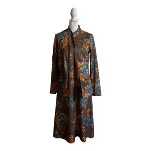 Vintage 1970s Sears Dress Cardigan Taupe Floral 2 Piece Set Maxi US Size 10